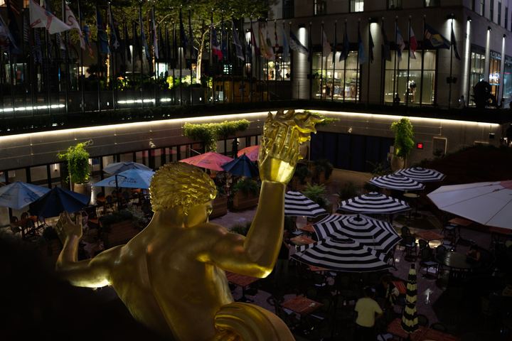 The gilded Prometheus figure above the sunken plaza at Rockefeller Center.